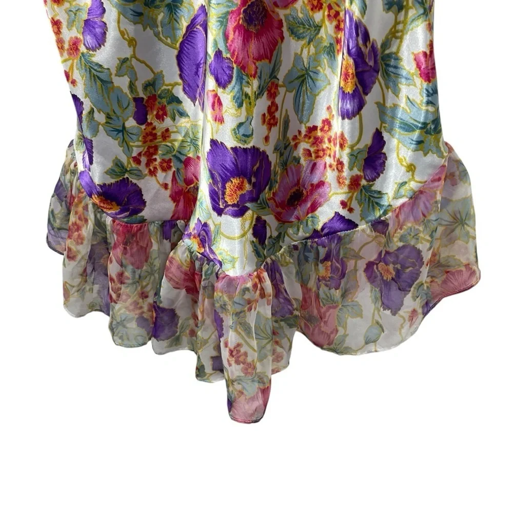 VINTAGE Satin Floral Ruffle Mini Slip Dress in White/Pink/Purple OS - Picture 6 of 8